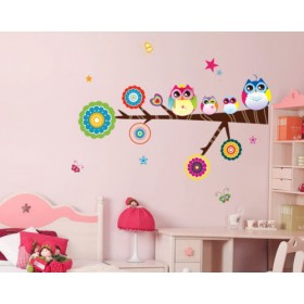 Cute Colorful Owls Family Branch Butterfly Wall Sticker